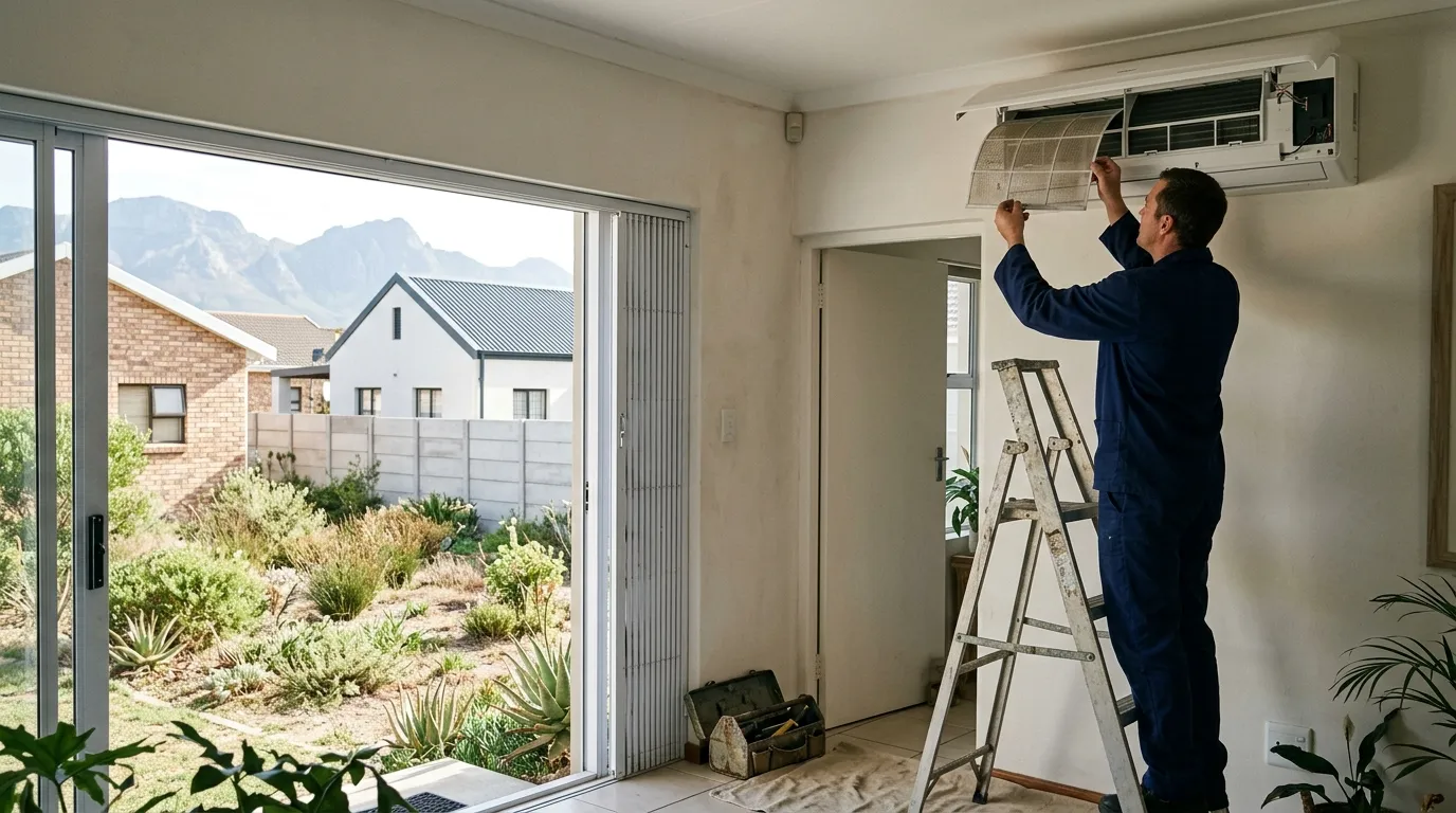 Technician on a ladder servicing a wall-mounted split aircon unit