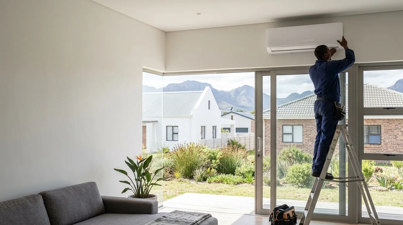 Technician on a ladder mounting a split aircon unit high on a lounge wall