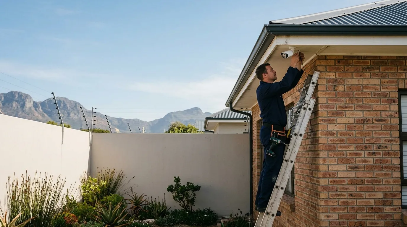 Technician on a ladder fitting a CCTV camera under the eaves of a face-brick house