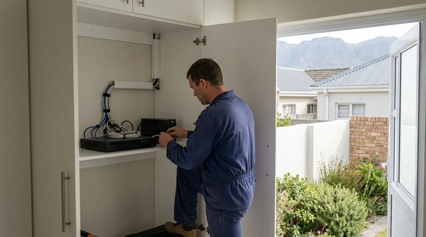 Technician installing a CCTV recorder neatly inside a cupboard