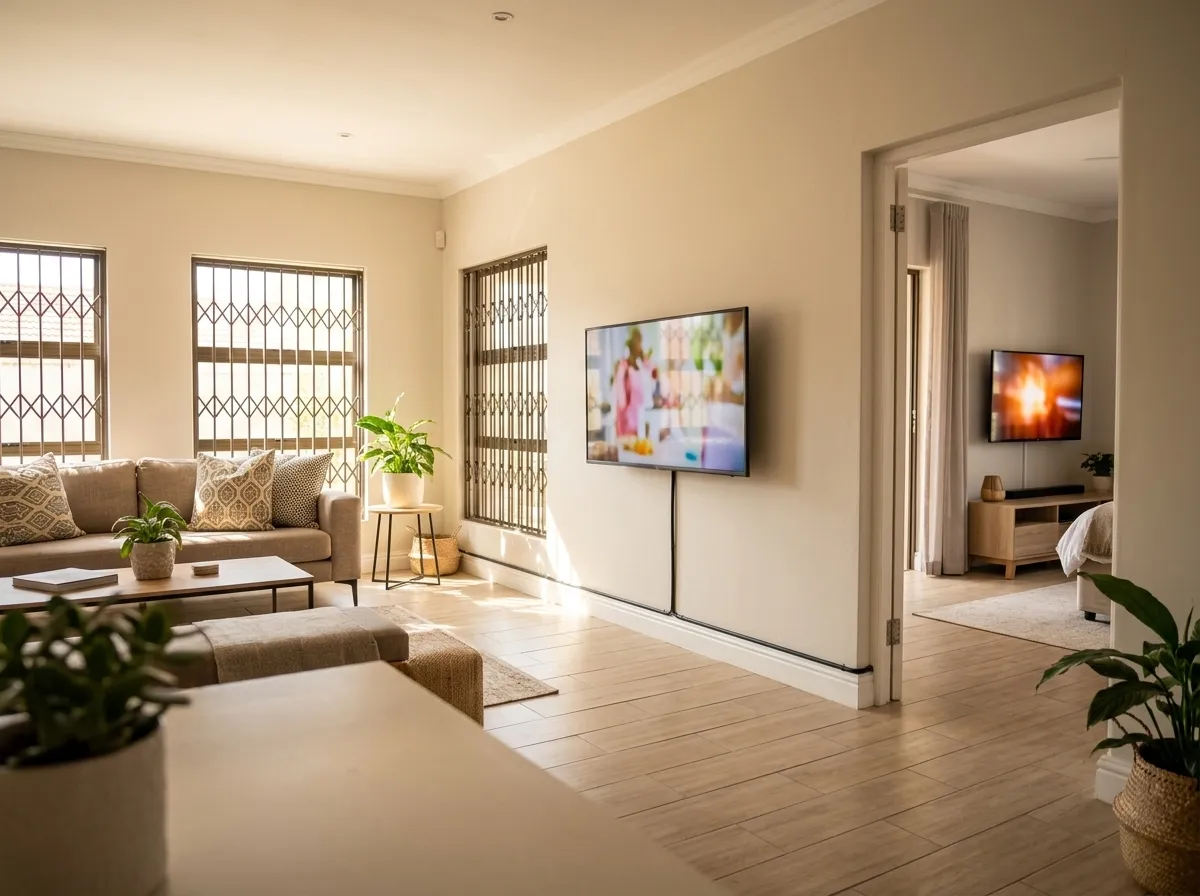 Lounge with a wall-mounted TV and a second TV in the bedroom beyond, both on one DStv account