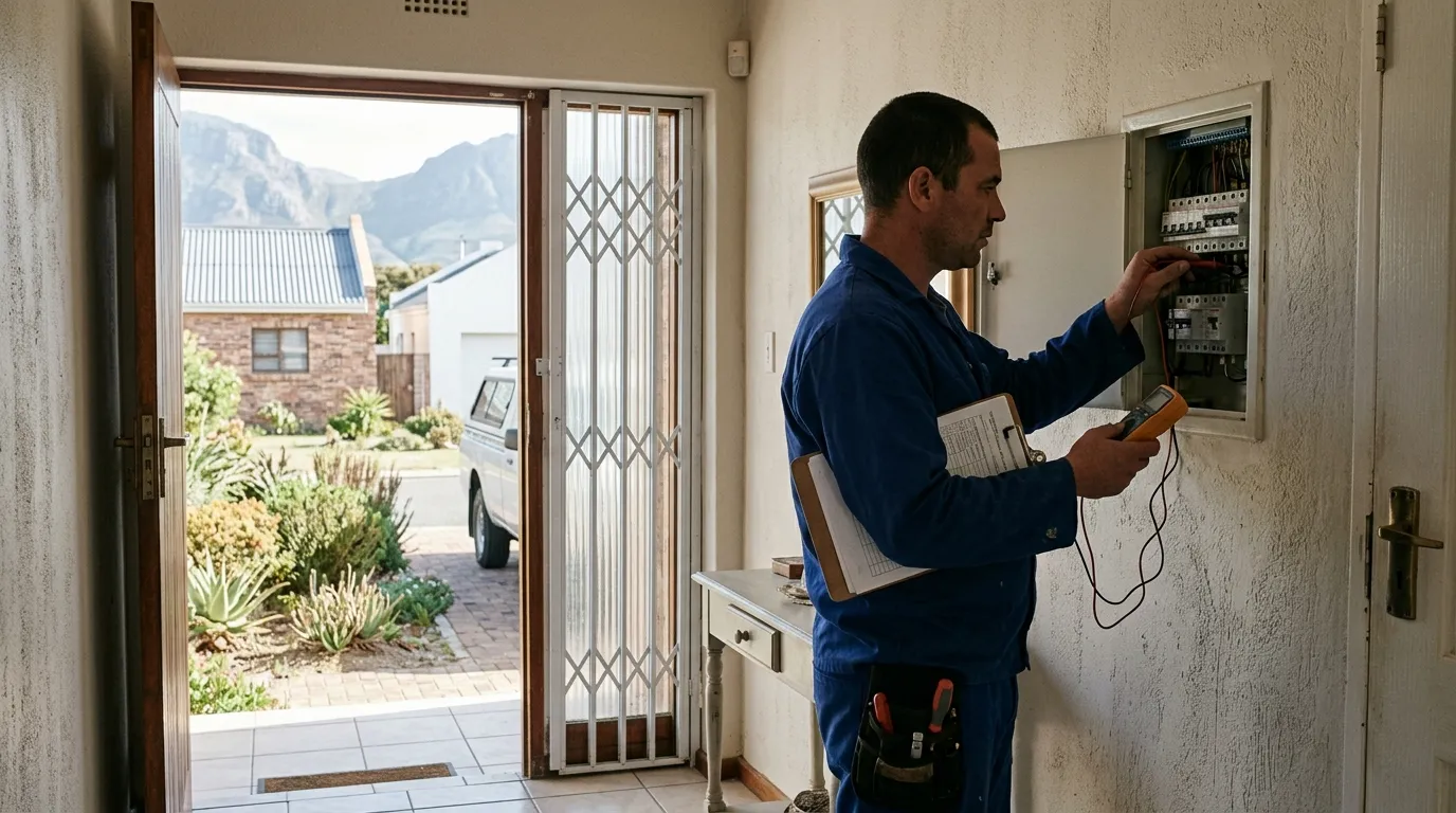 Electrician with a clipboard and tester inspecting a DB board in a hallway
