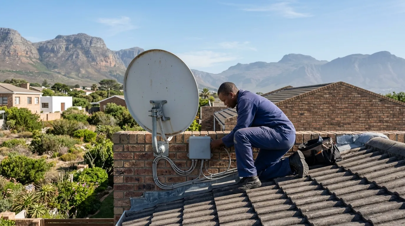 Technician on a tiled roof beside a large satellite dish, mountains behind