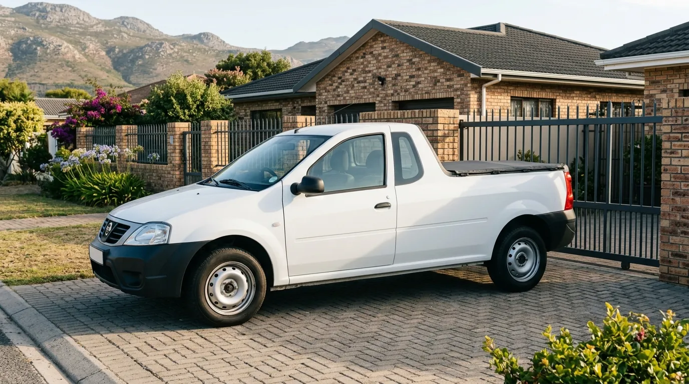 White bakkie parked in a paved driveway outside a brick house with mountains behind