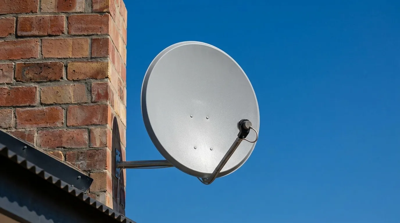 Satellite dish on a wall bracket fixed to a brick chimney against a clear blue sky