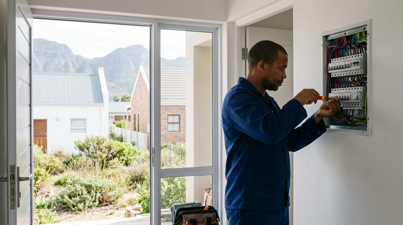 Electrician working on an open DB board beside a sliding door