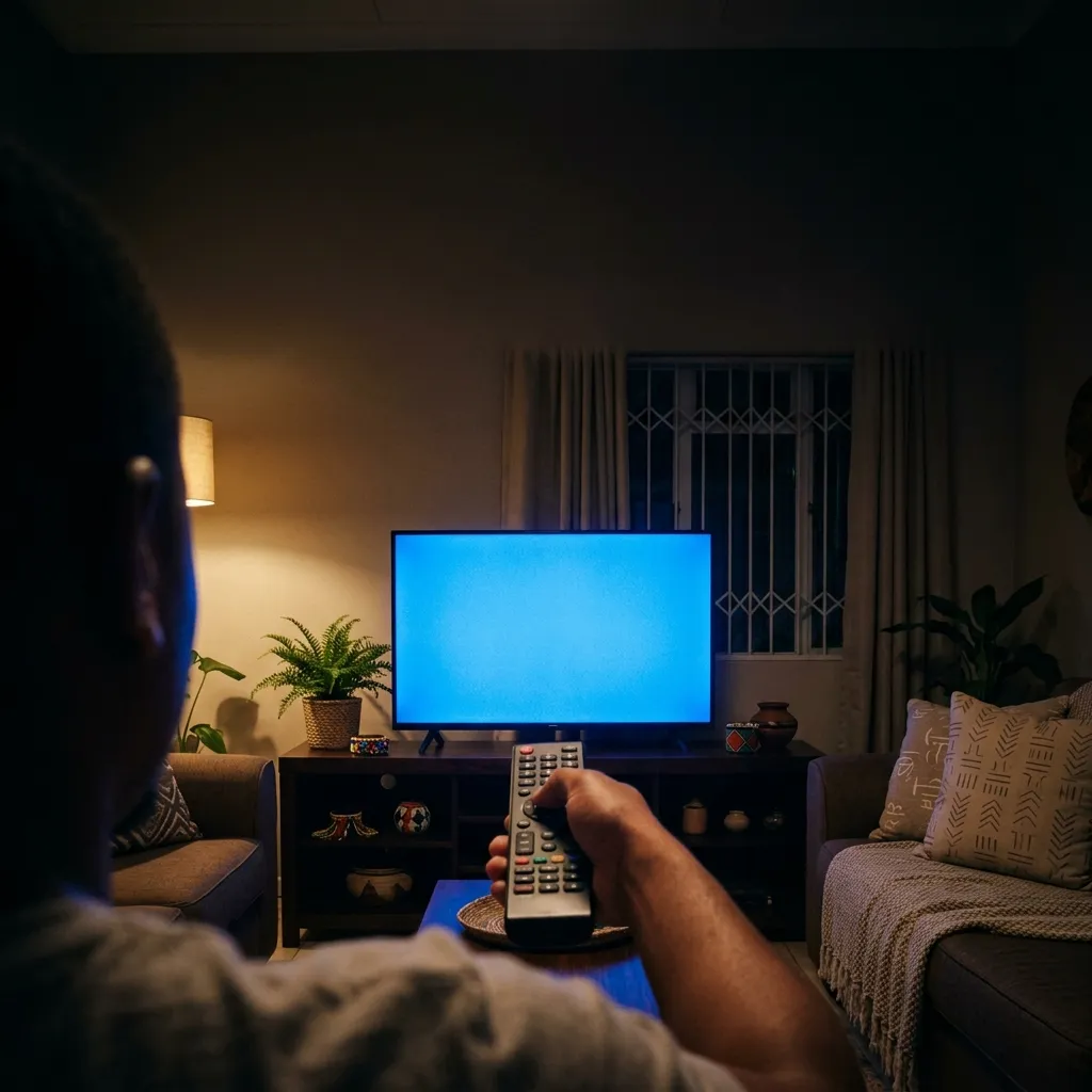 Person holding a DStv remote in front of a TV
