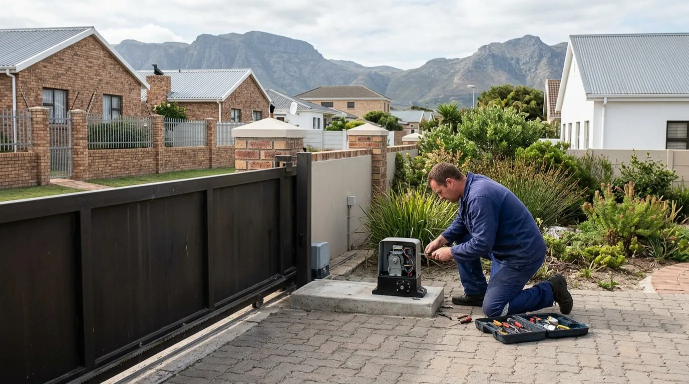 Technician fitting a sliding gate motor at a paved driveway, mountains behind