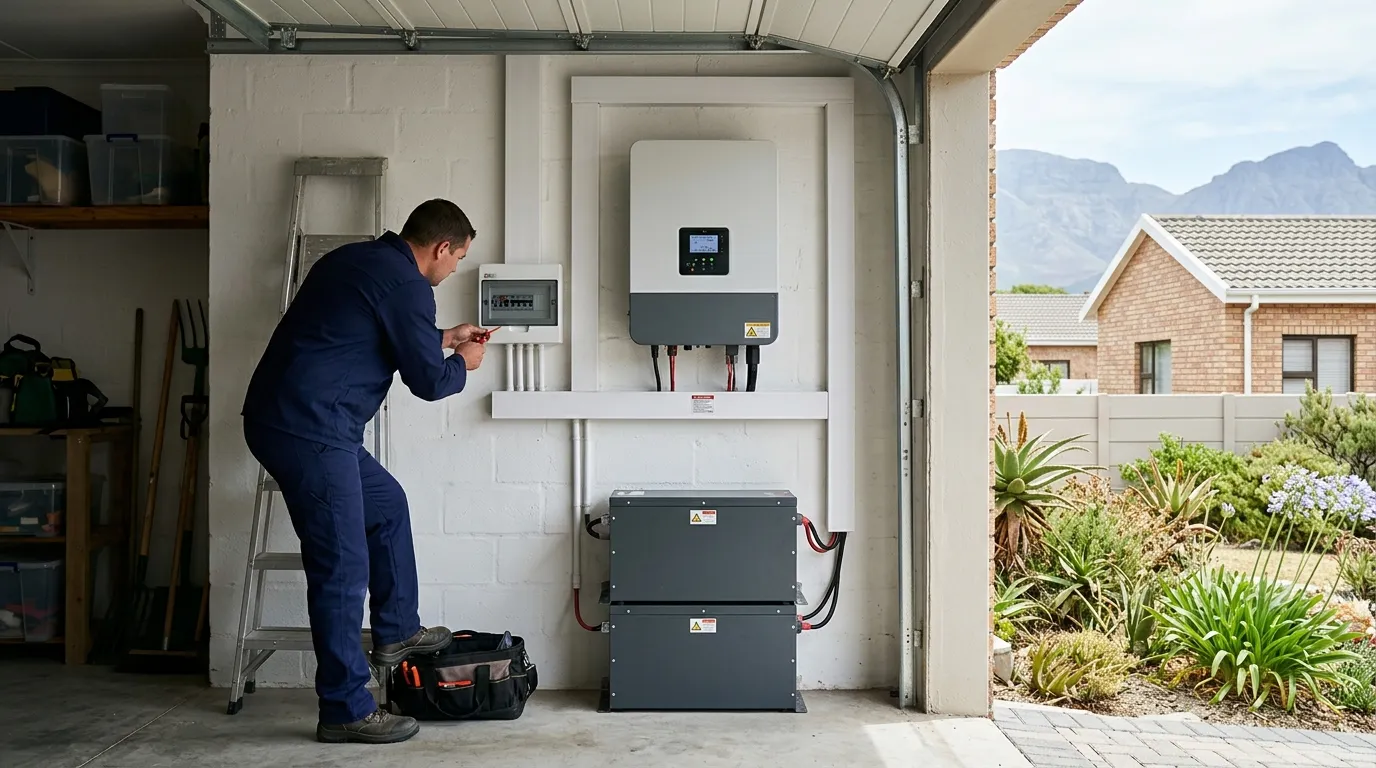 Technician beside an inverter and battery installed on a garage wall