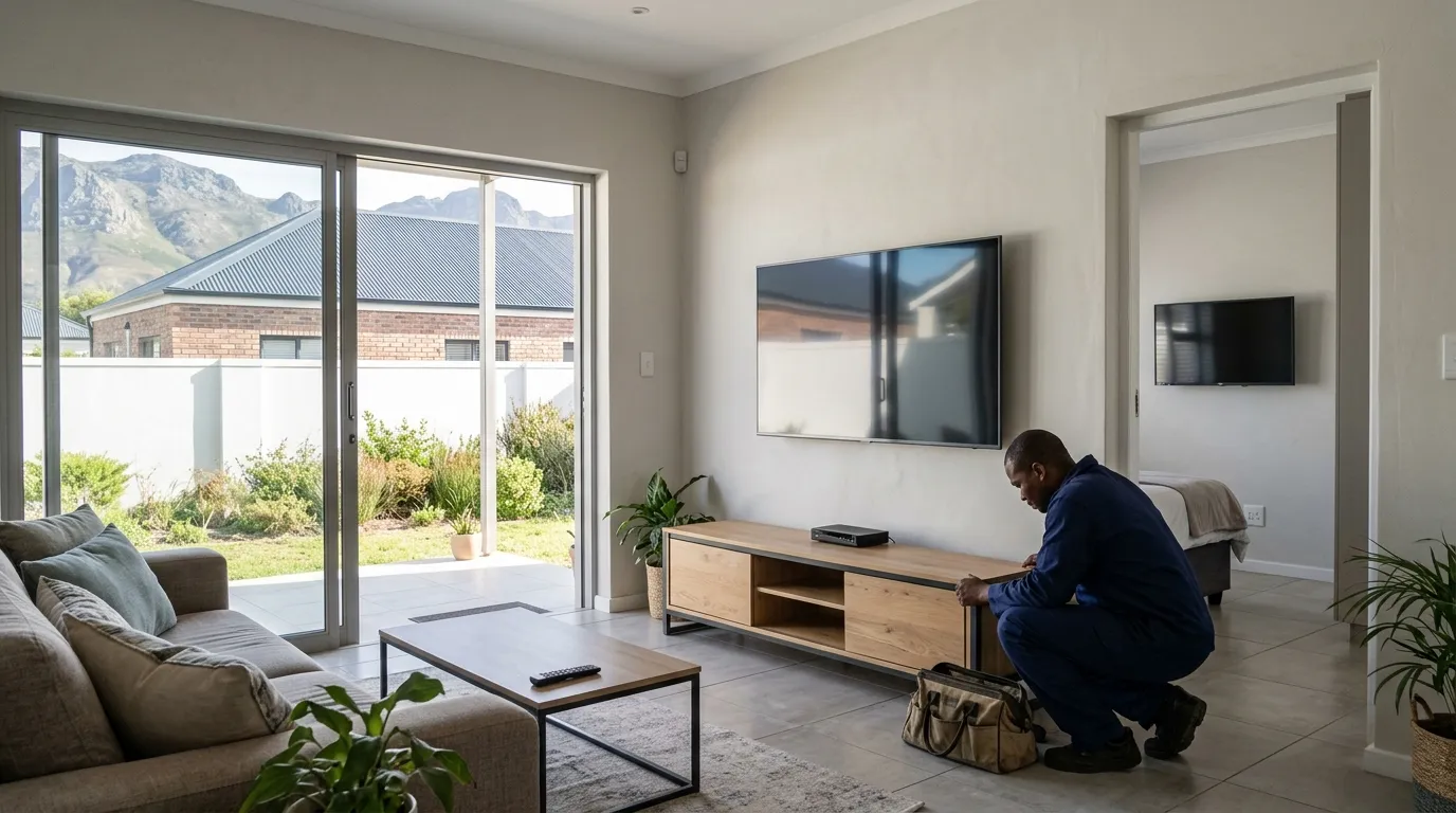 Technician setting up a wall-mounted TV and decoder in a lounge, second TV visible in the bedroom