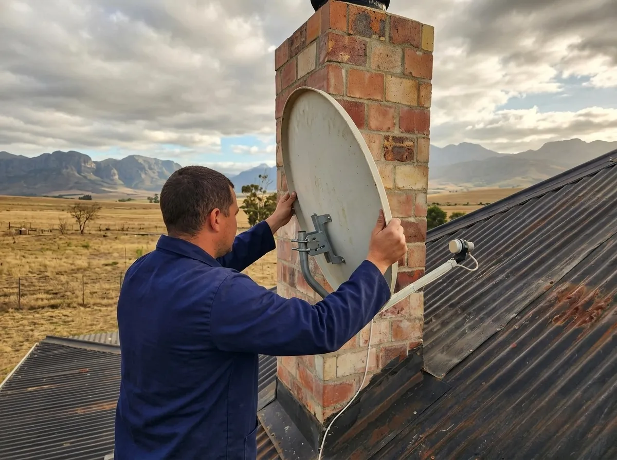 Technician adjusting a satellite dish on a brick chimney, with dry veld and mountains in the distance