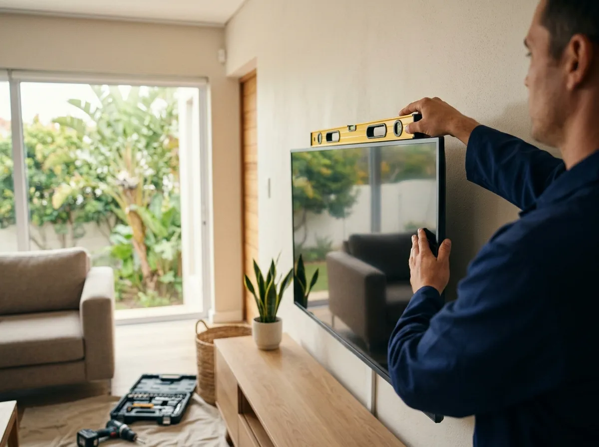 A technician in navy overalls holding a spirit level on top of a flat-screen TV while mounting it on a lounge wall, with a tool case on a dust sheet on the floor