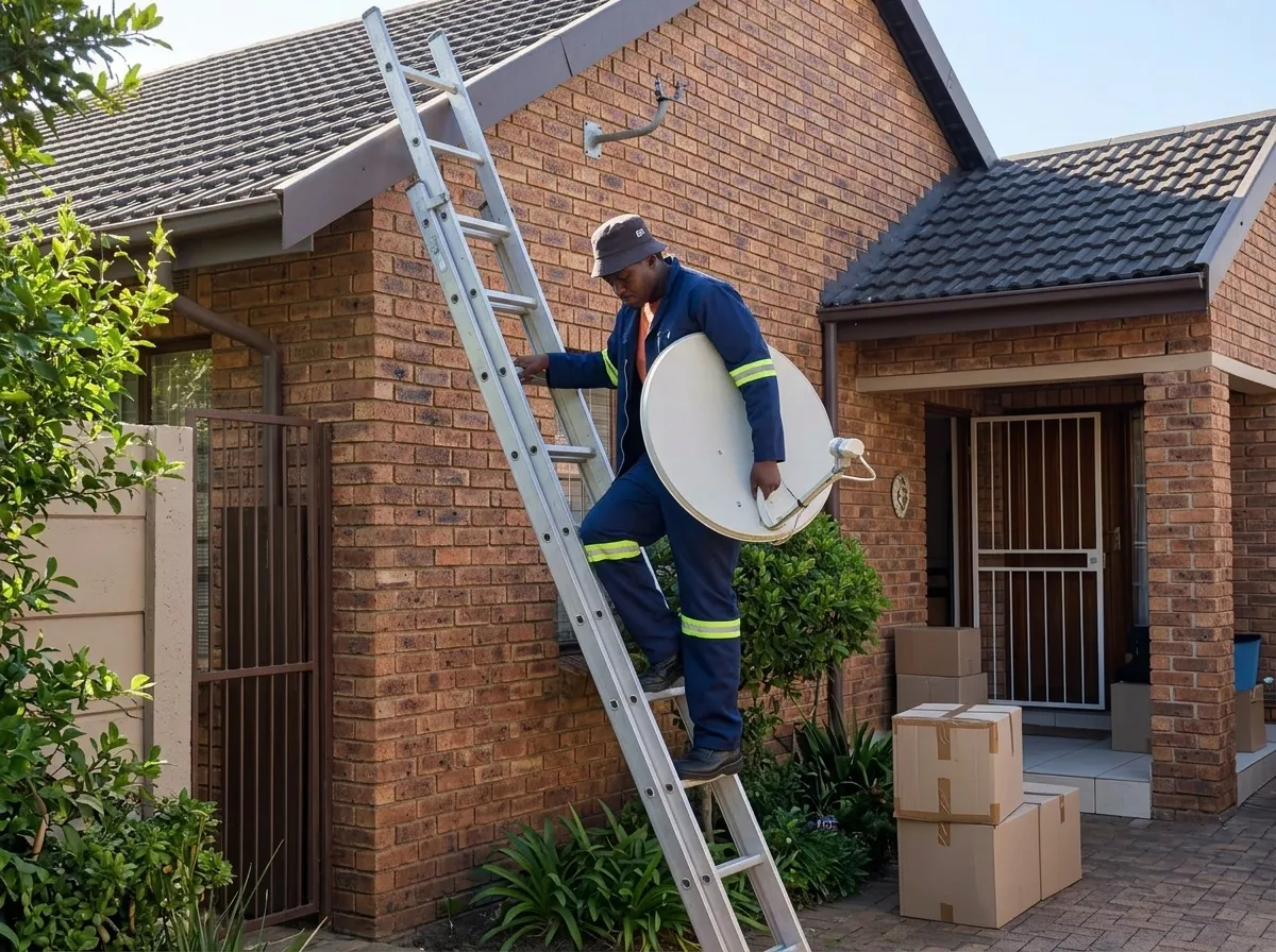 Technician on a ladder carrying an old satellite dish down from a brick house