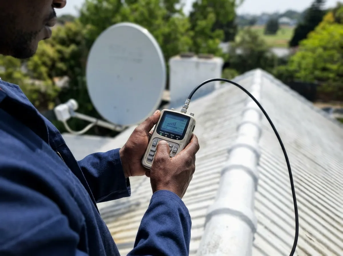 A technician in navy overalls holding a handheld signal meter with a cable connected, with a satellite dish and LNB on a corrugated roof behind him