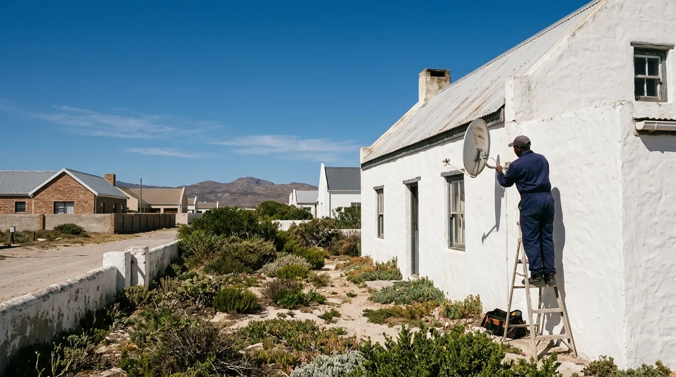 Technician fitting a satellite dish to a whitewashed West Coast cottage